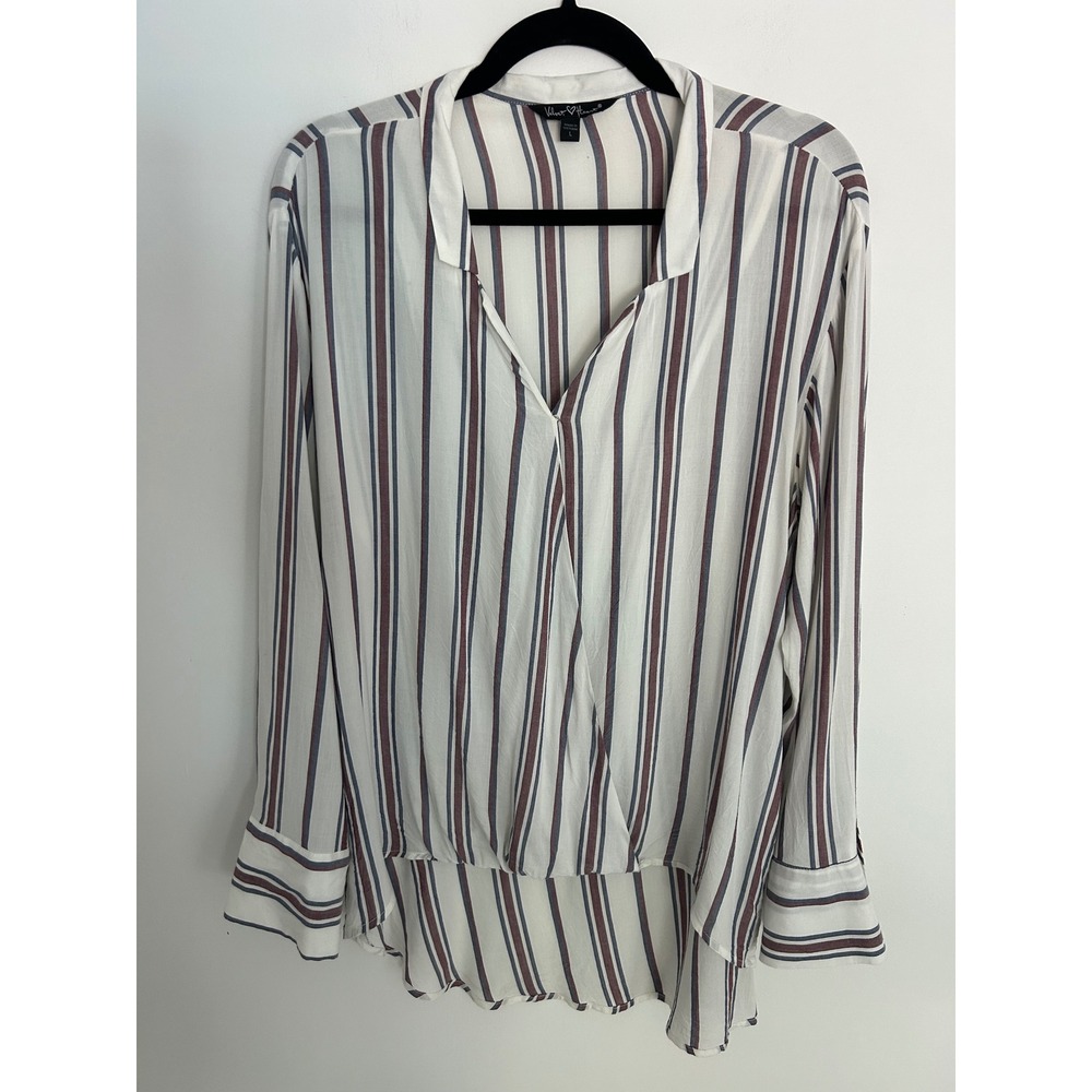 Velvet Heart Women Striped Surplice Lightweight Blouse White Blue Burgundy Large
